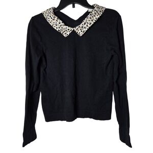 J Crew Black Leopard Peter Pan Collar Sweater Medium Academia Animal Office Chic